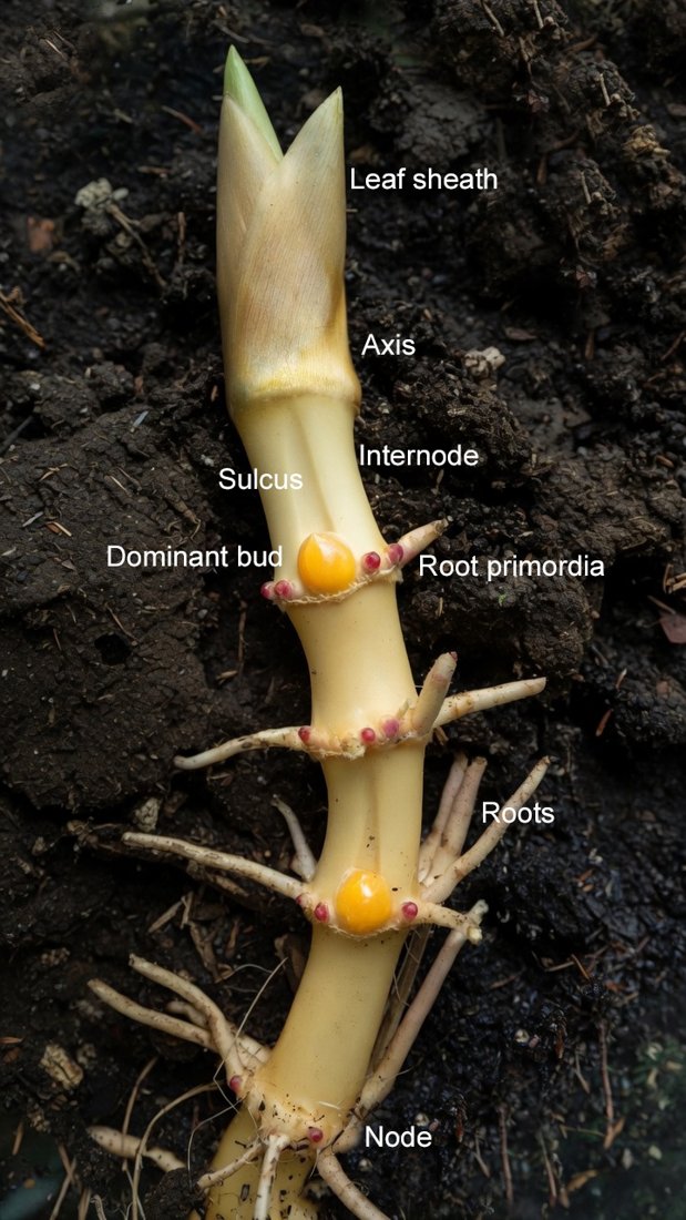 A labeled bamboo rhizome in soil showing leaf sheath, axis, internode, sulcus, dominant bud, root primordia, roots, and node